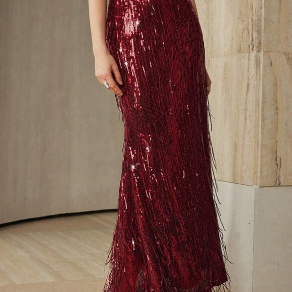 Red Elegant Women's Sequin Fringe Mermaid Evening Skirt - Picture 5 of 7